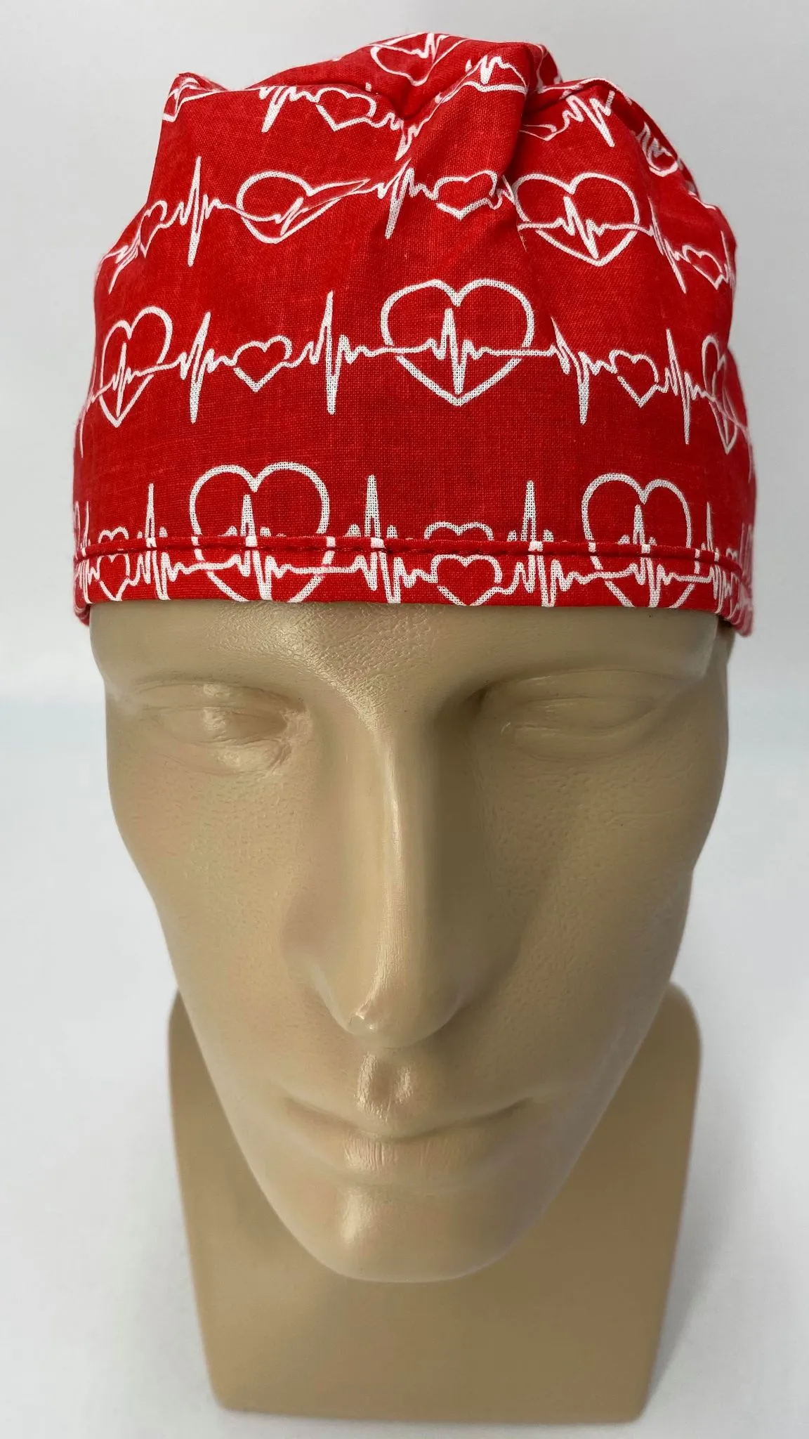 Scrub Cap Medical Surgeon Head Cover Surgical Hat Nurse Nursing Operating Room, Red Cardiologist EKG Heartbeat