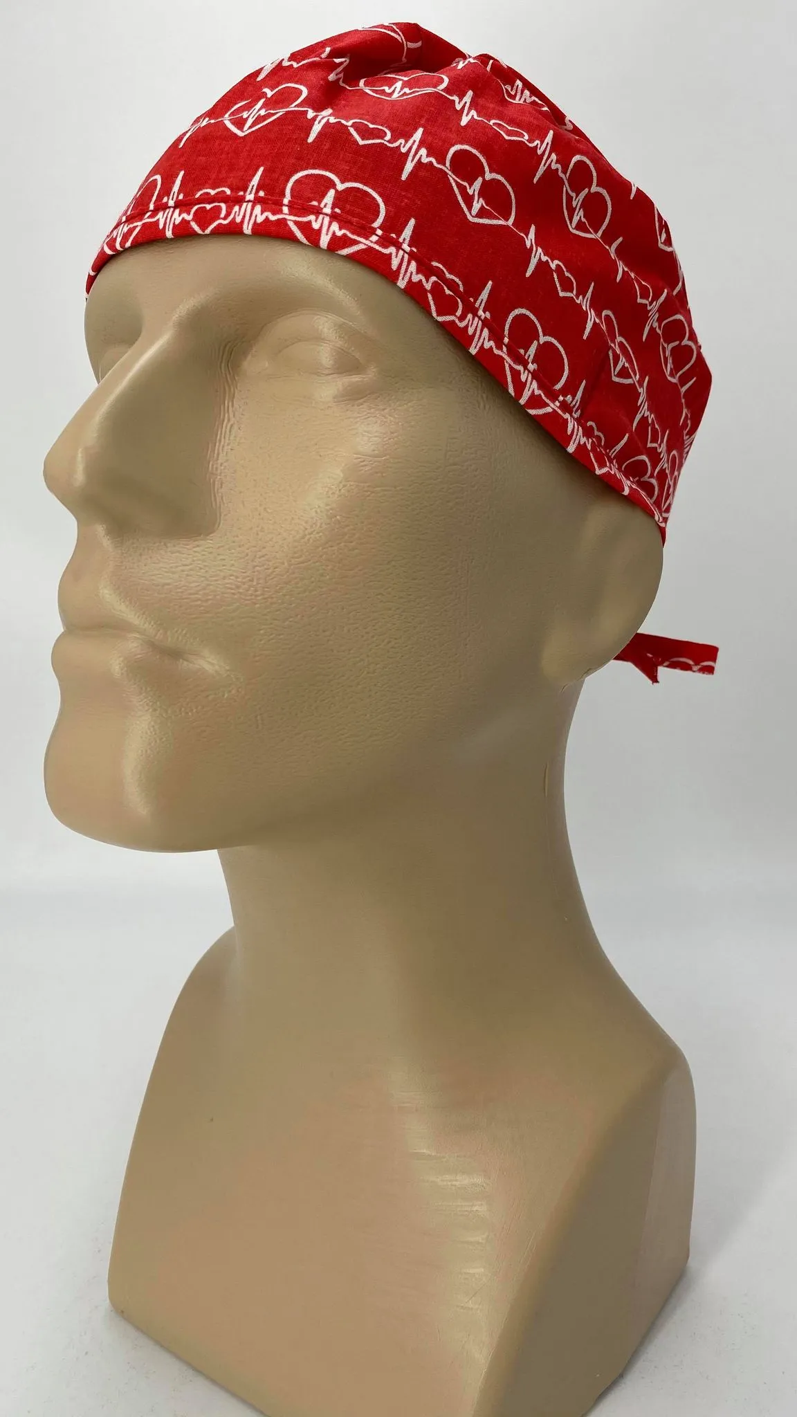 Scrub Cap Medical Surgeon Head Cover Surgical Hat Nurse Nursing Operating Room, Red Cardiologist EKG Heartbeat