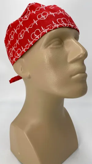 Scrub Cap Medical Surgeon Head Cover Surgical Hat Nurse Nursing Operating Room, Red Cardiologist EKG Heartbeat