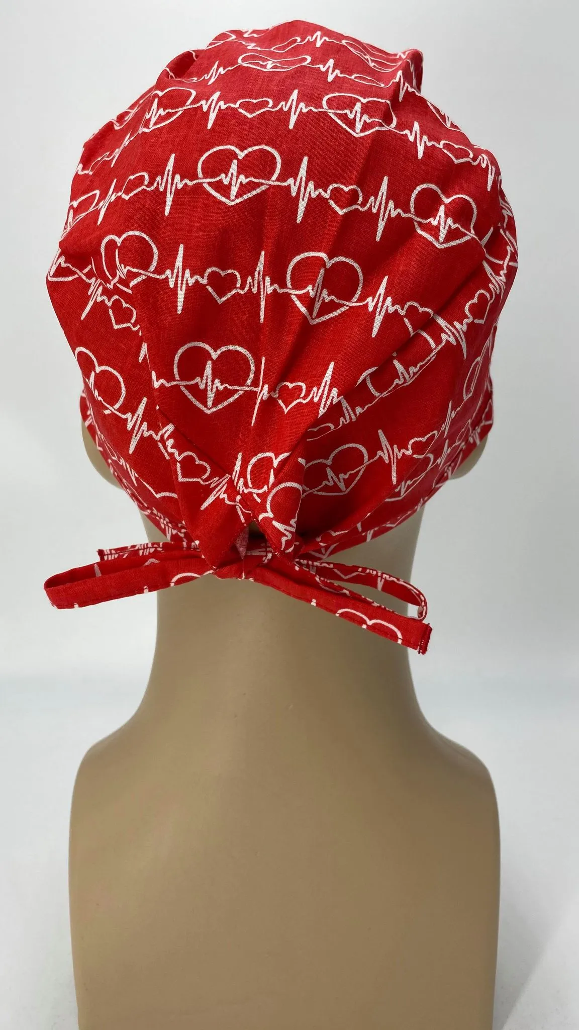 Scrub Cap Medical Surgeon Head Cover Surgical Hat Nurse Nursing Operating Room, Red Cardiologist EKG Heartbeat