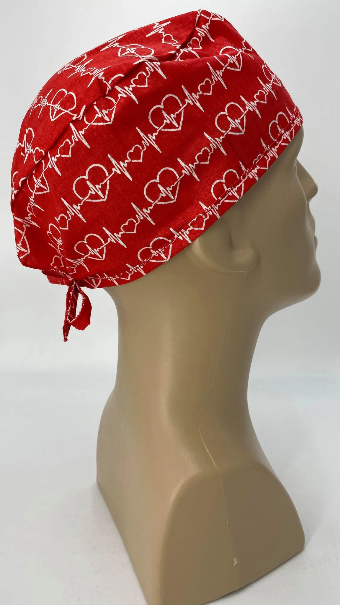 Scrub Cap Medical Surgeon Head Cover Surgical Hat Nurse Nursing Operating Room, Red Cardiologist EKG Heartbeat