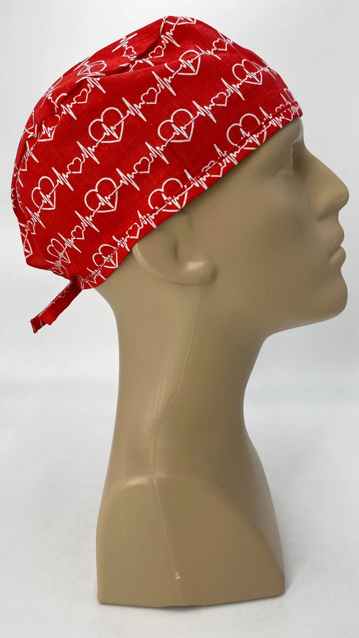 Scrub Cap Medical Surgeon Head Cover Surgical Hat Nurse Nursing Operating Room, Red Cardiologist EKG Heartbeat