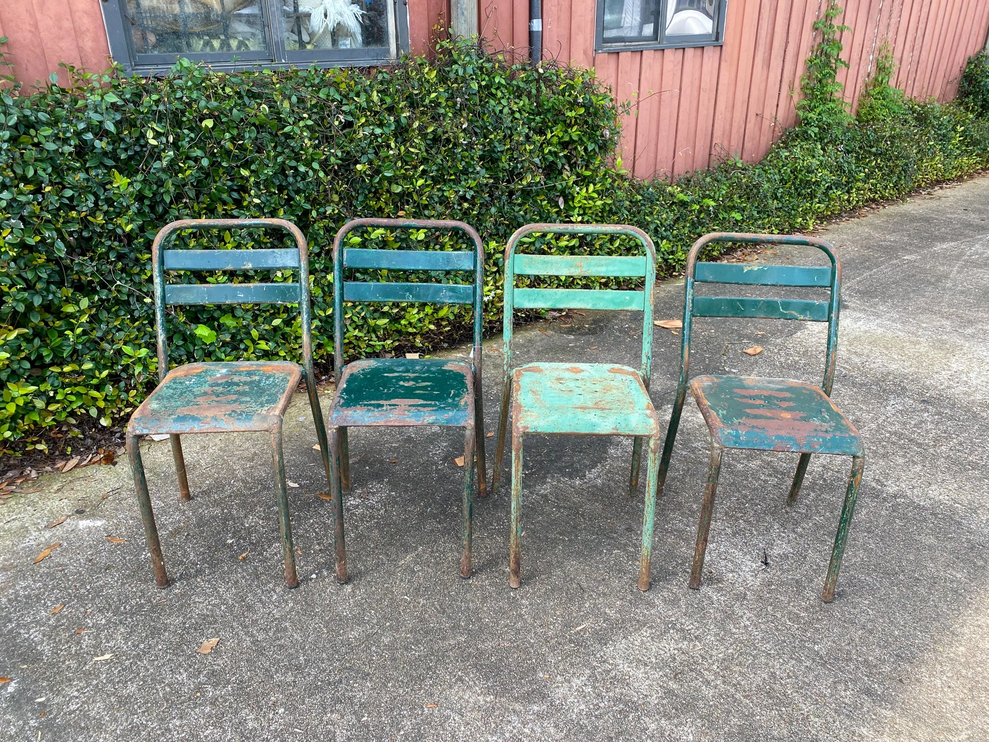 Set of 4 French Industrial Painted Metal Stacking Chairs, circa 1960s