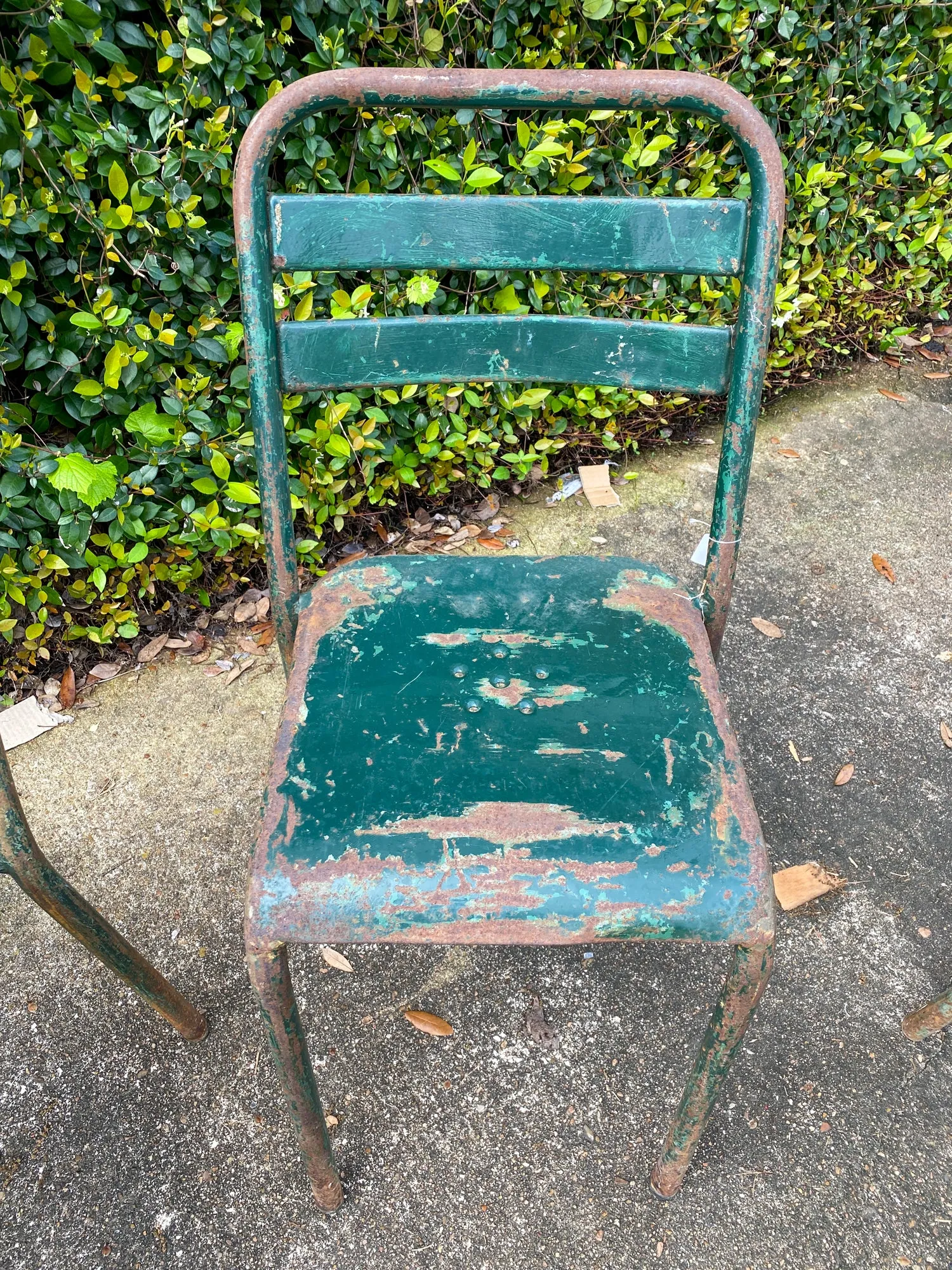 Set of 4 French Industrial Painted Metal Stacking Chairs, circa 1960s