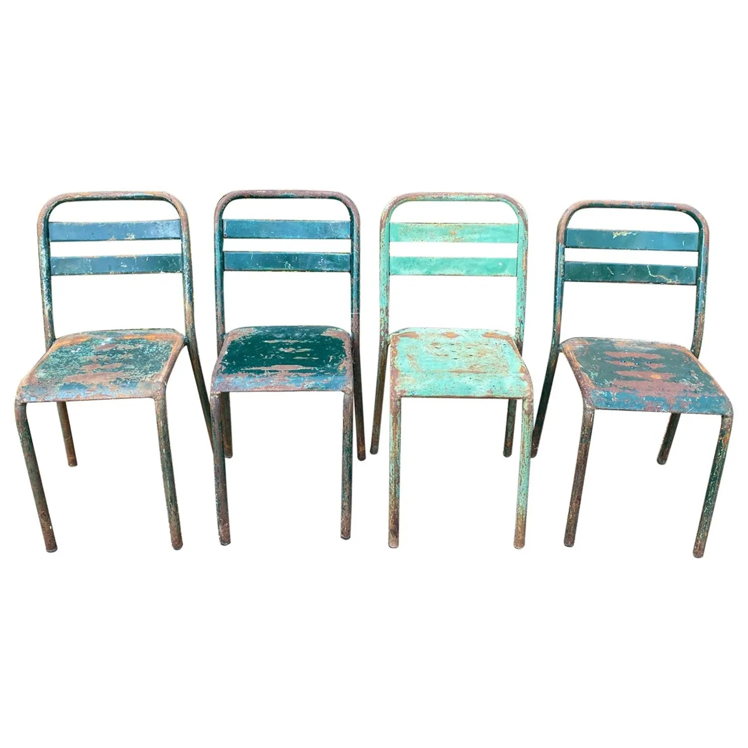 Set of 4 French Industrial Painted Metal Stacking Chairs, circa 1960s