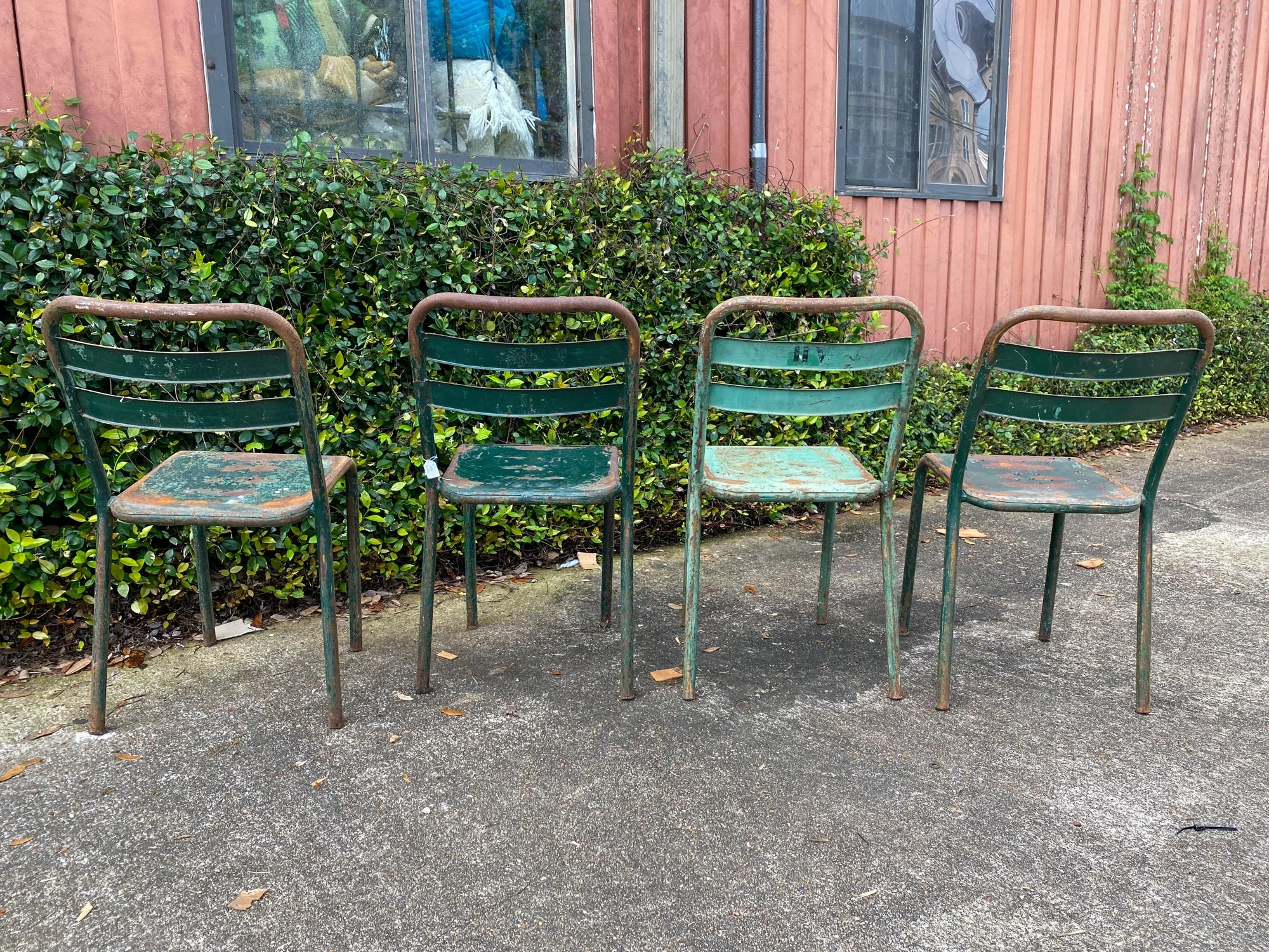 Set of 4 French Industrial Painted Metal Stacking Chairs, circa 1960s
