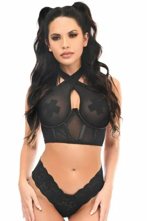 Sexy Black Mesh Underwire Cincher with Built In Halter Top