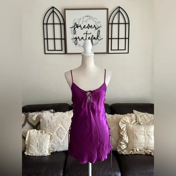 Shirley Of Hollywood 100% Silk Deep Purple Adjustable Side Ties Size M Luxury