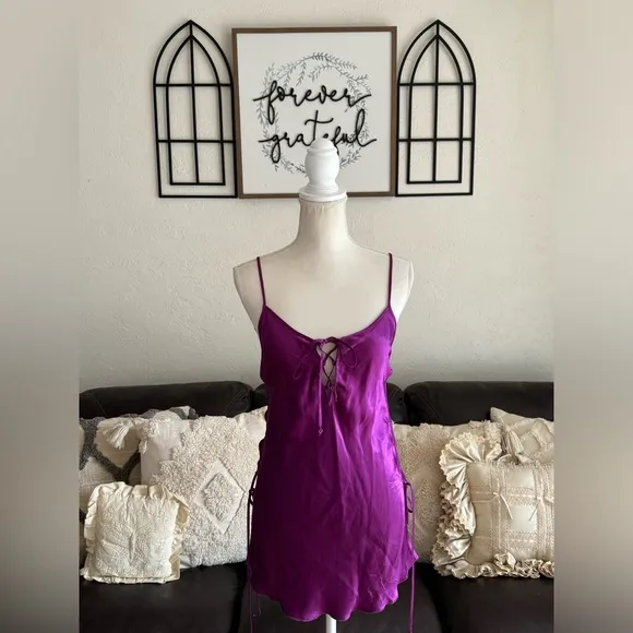 Shirley Of Hollywood 100% Silk Deep Purple Adjustable Side Ties Size M Luxury