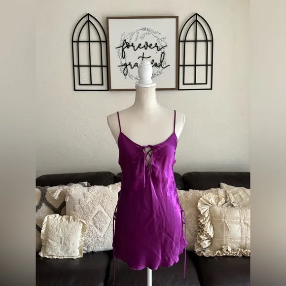 Shirley Of Hollywood 100% Silk Deep Purple Adjustable Side Ties Size M Luxury