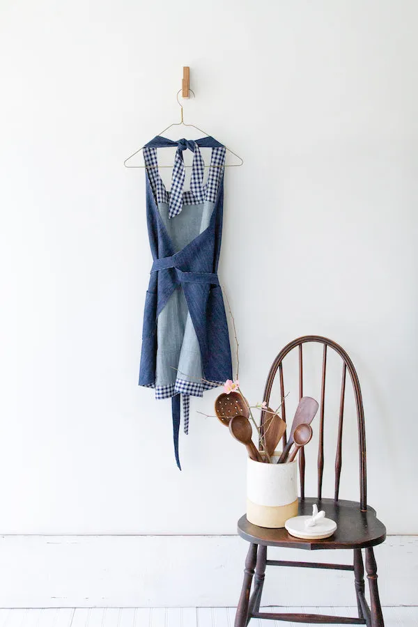 SHOPKEEP APRON IN INDIGO DENIM AND NAVY GINGHAM
