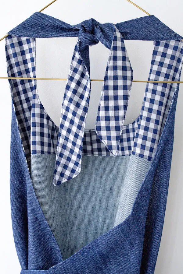 SHOPKEEP APRON IN INDIGO DENIM AND NAVY GINGHAM