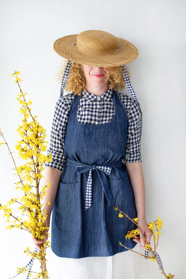 SHOPKEEP APRON IN INDIGO DENIM AND NAVY GINGHAM