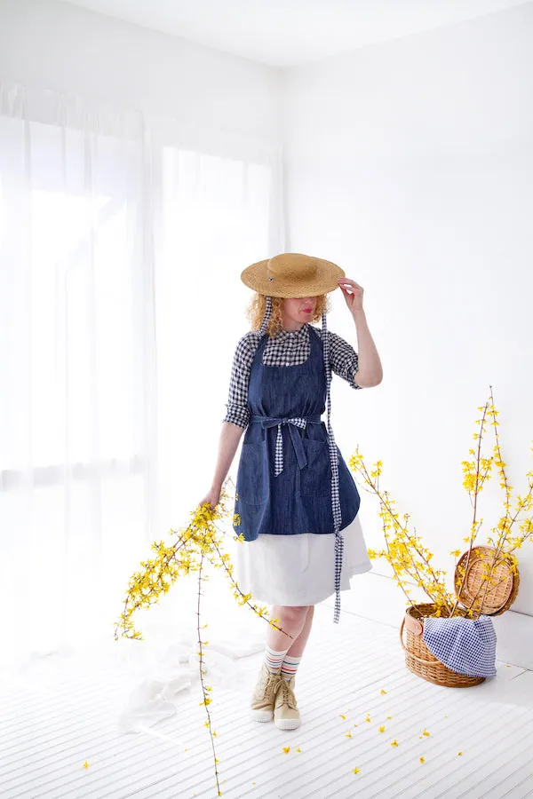 SHOPKEEP APRON IN INDIGO DENIM AND NAVY GINGHAM