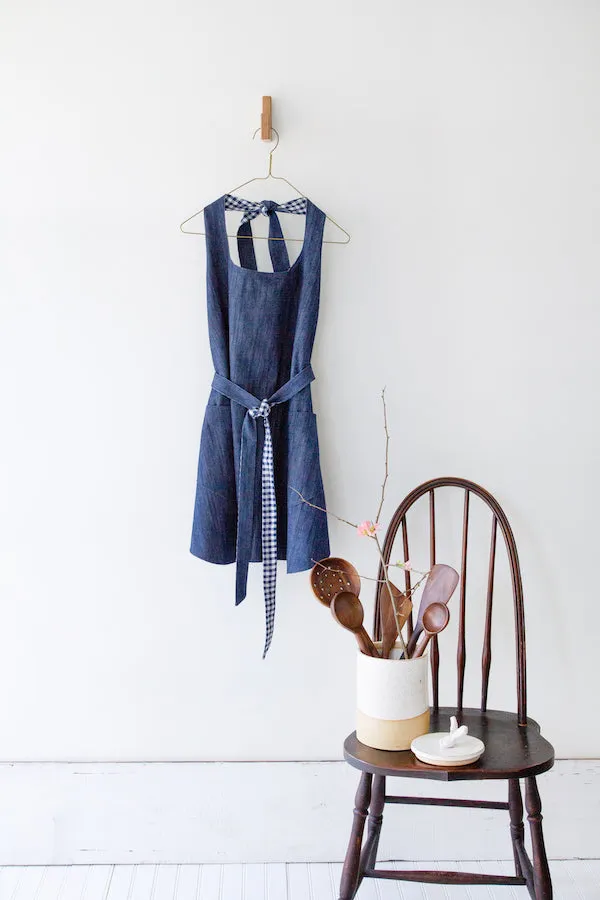 SHOPKEEP APRON IN INDIGO DENIM AND NAVY GINGHAM
