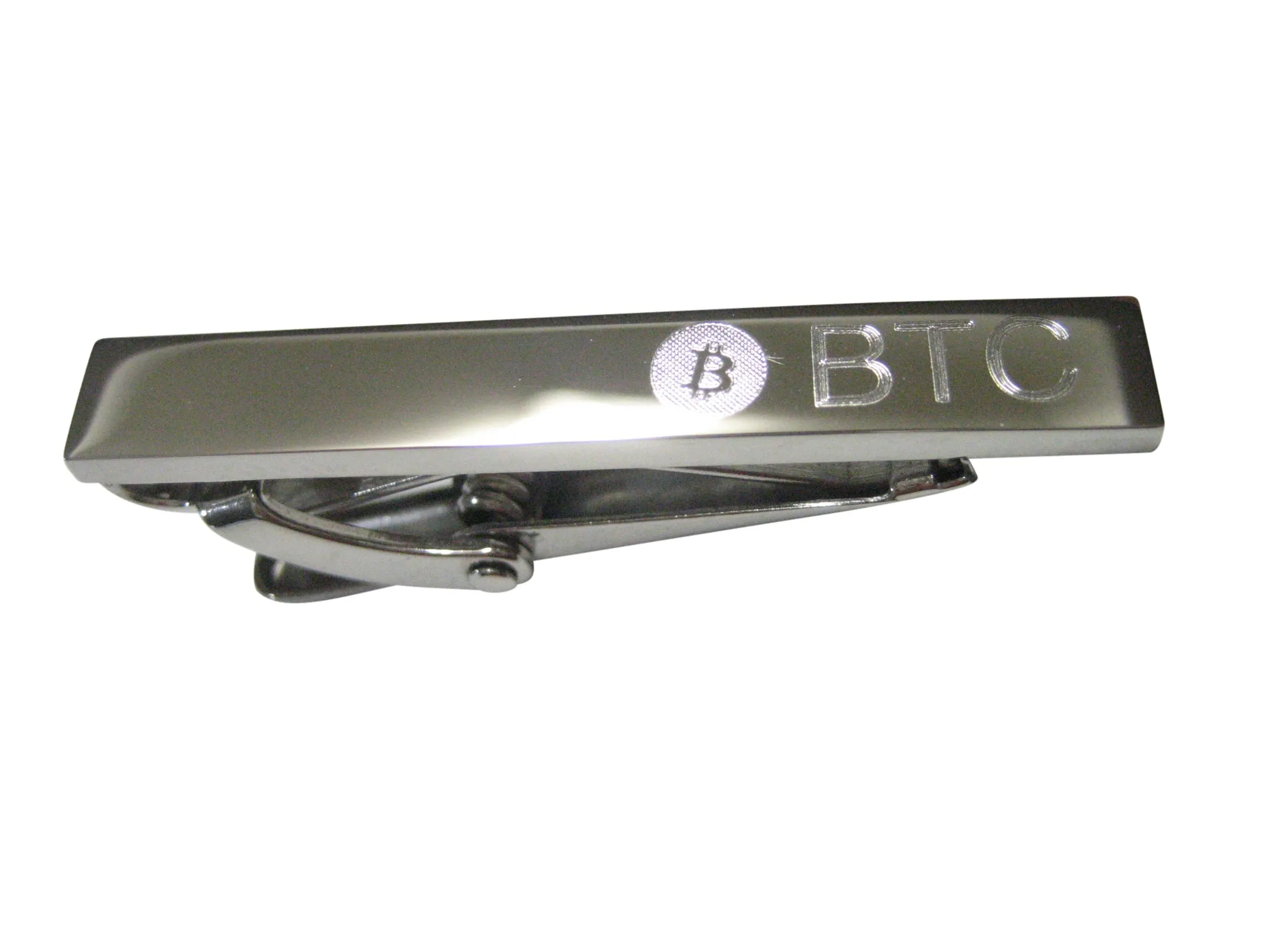 Silver Toned Etched Sleek Bitcoin Coin Cryptocurrency Blockchain Skinny Tie Clip