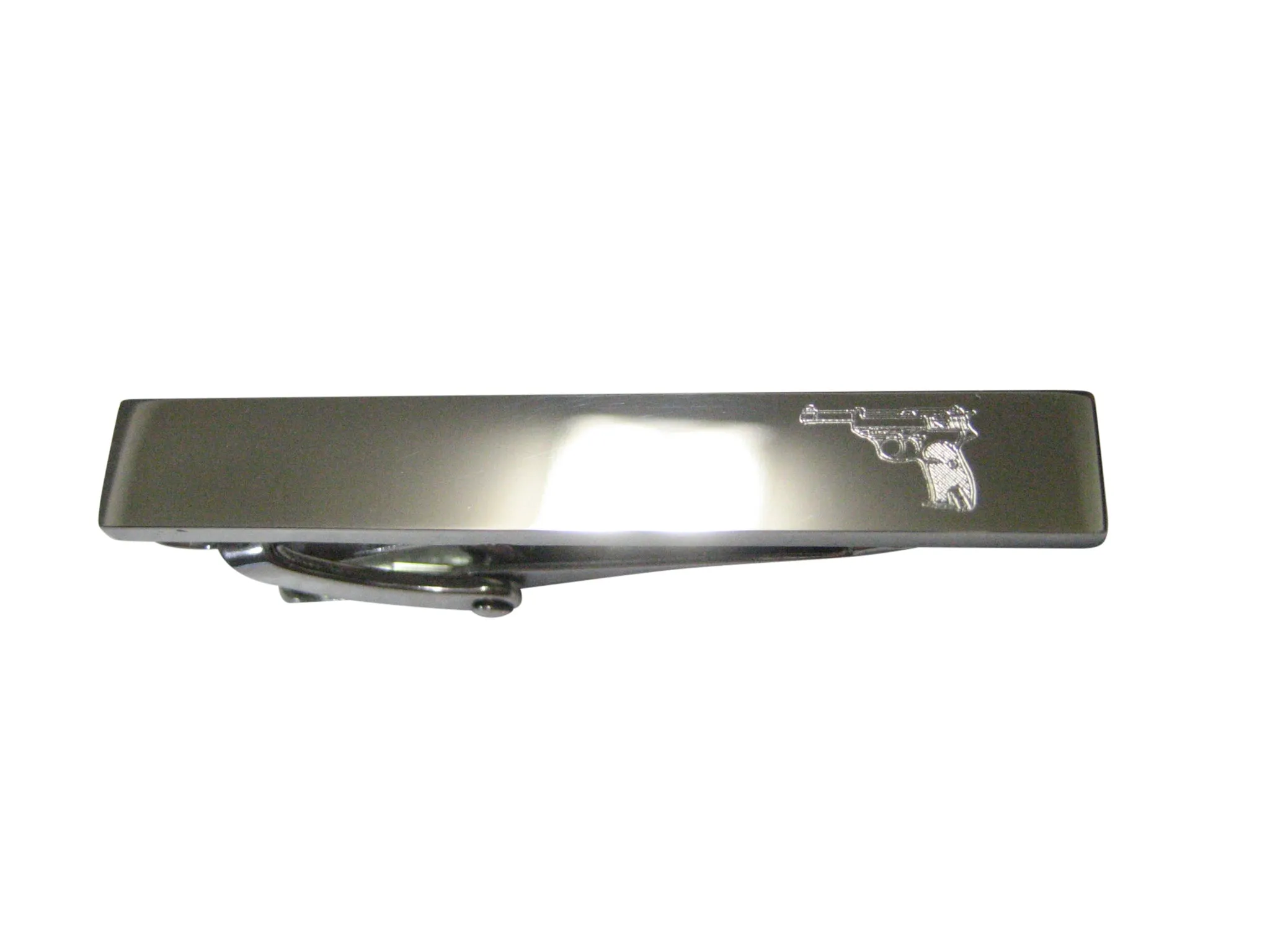 Silver Toned Etched Sleek Retro Handgun Skinny Tie Clip