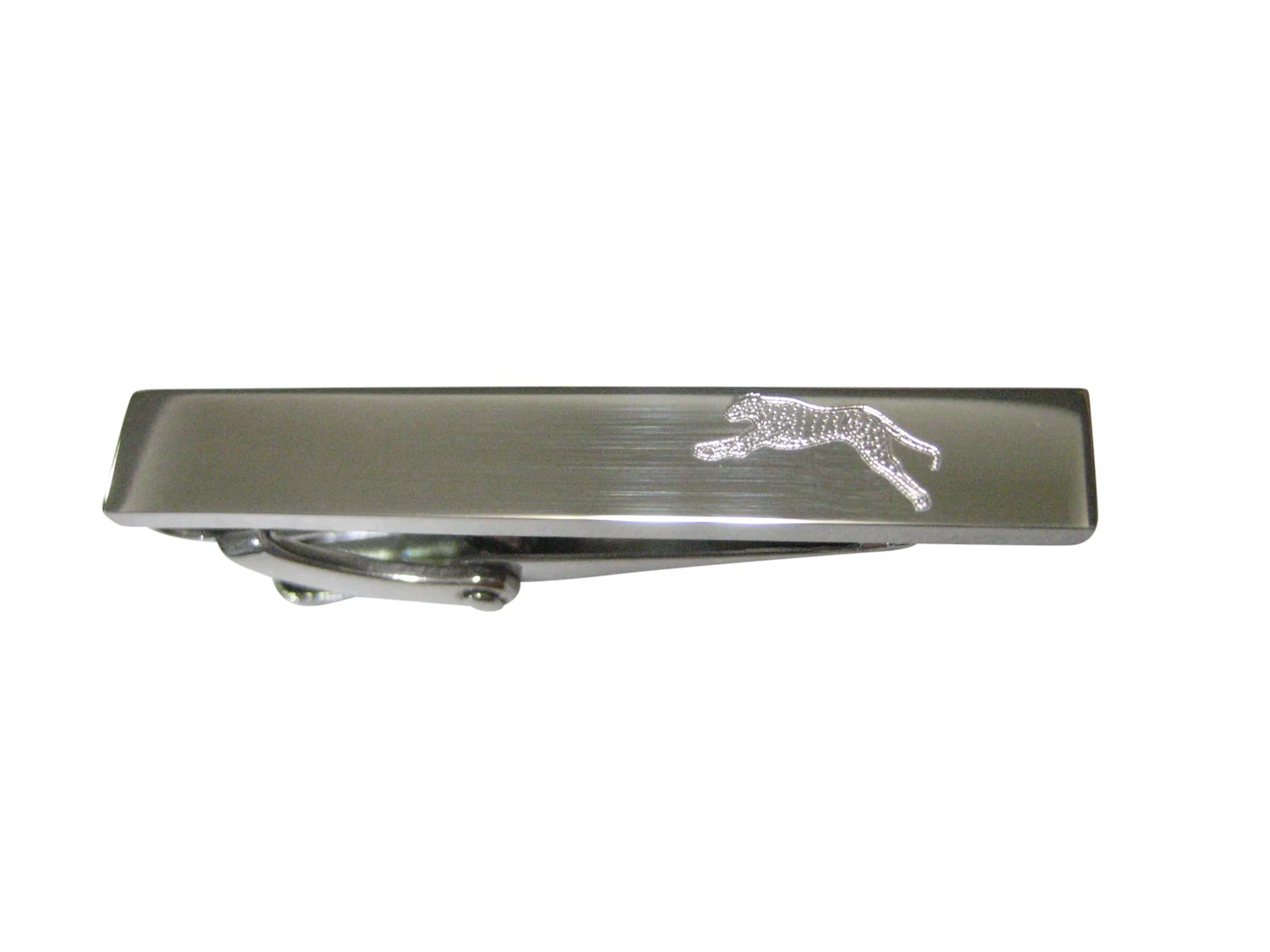 Silver Toned Etched Sleek Running Cheetah Skinny Tie Clip