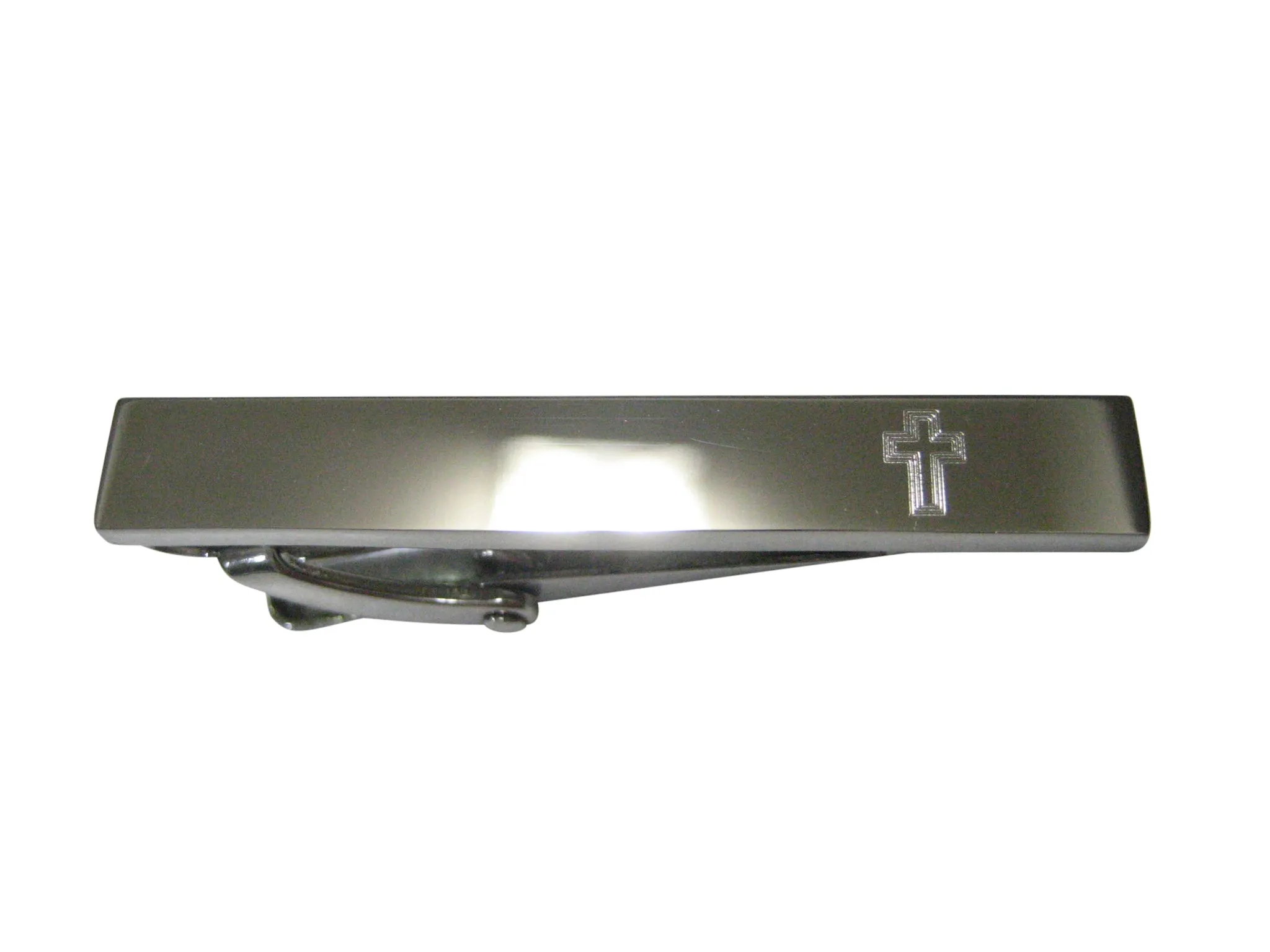 Silver Toned Etched Sleek Triple Religious Cross Skinny Tie Clip