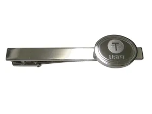 Silver Toned Oval Etched Tether Coin Cryptocurrency Blockchain Tie Clip