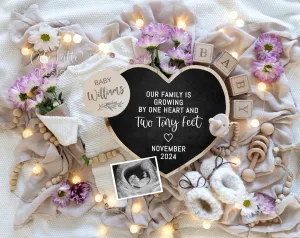 Spring Digital Pregnancy Announcement - Flower Bouquet And Heart