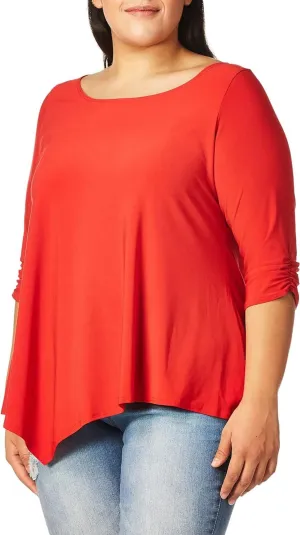 Star Vixen Womens Plus-Size Elbow-Cinch Sleeve Hanky Hem Top Red Solid 2X