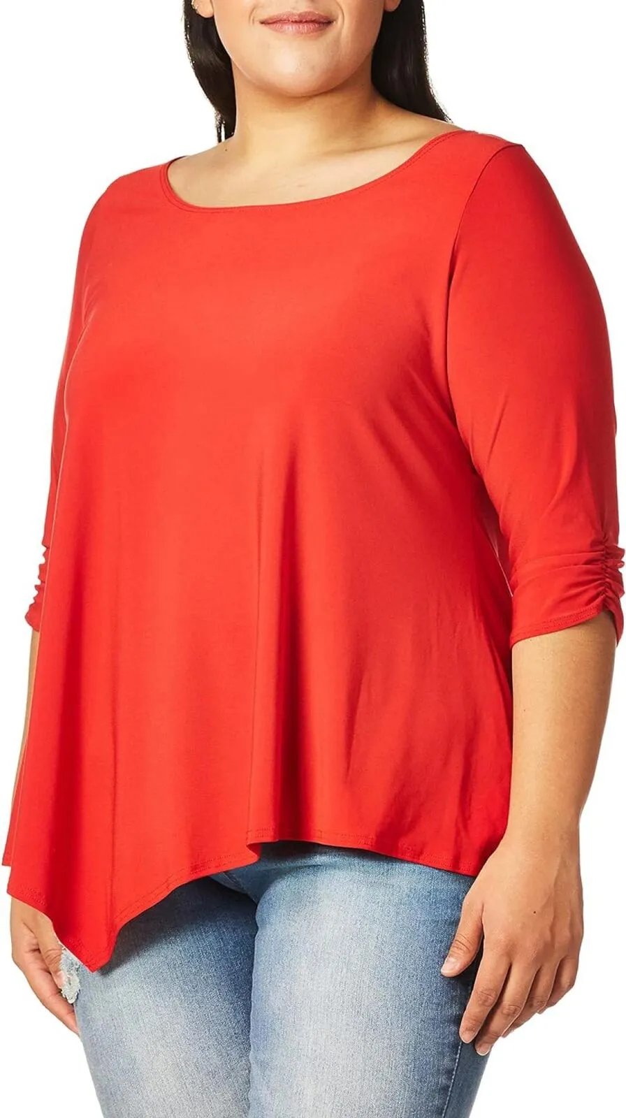 Star Vixen Womens Plus-Size Elbow-Cinch Sleeve Hanky Hem Top Red Solid 2X