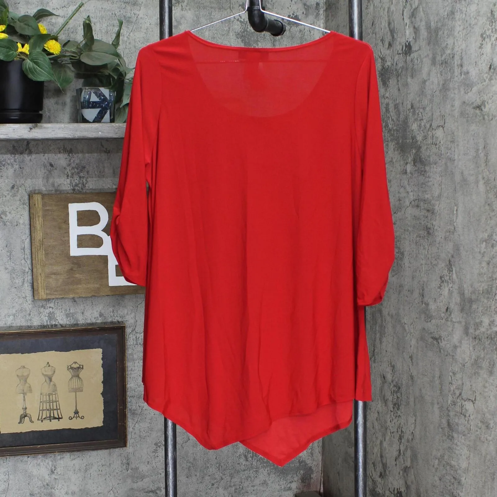 Star Vixen Womens Plus-Size Elbow-Cinch Sleeve Hanky Hem Top Red Solid 2X