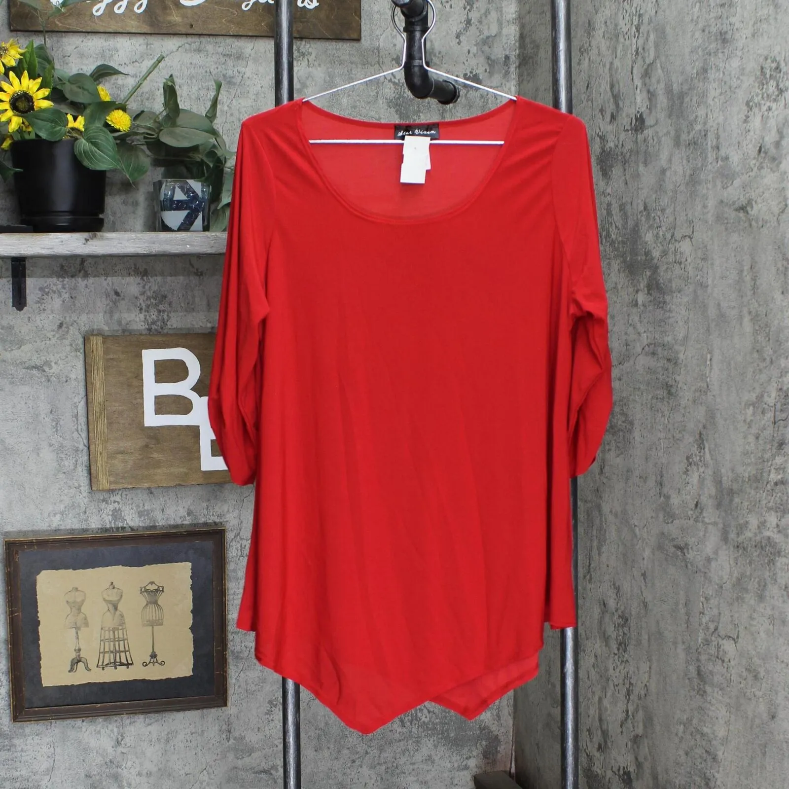 Star Vixen Womens Plus-Size Elbow-Cinch Sleeve Hanky Hem Top Red Solid 2X