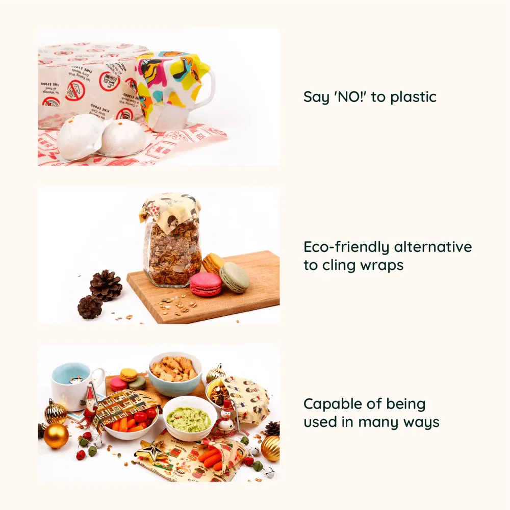 SustainableSG Reusable Food Wrap Cover - Set of 3 Organic Beeswax Wraps with Singapore Inspired HDB Life Design