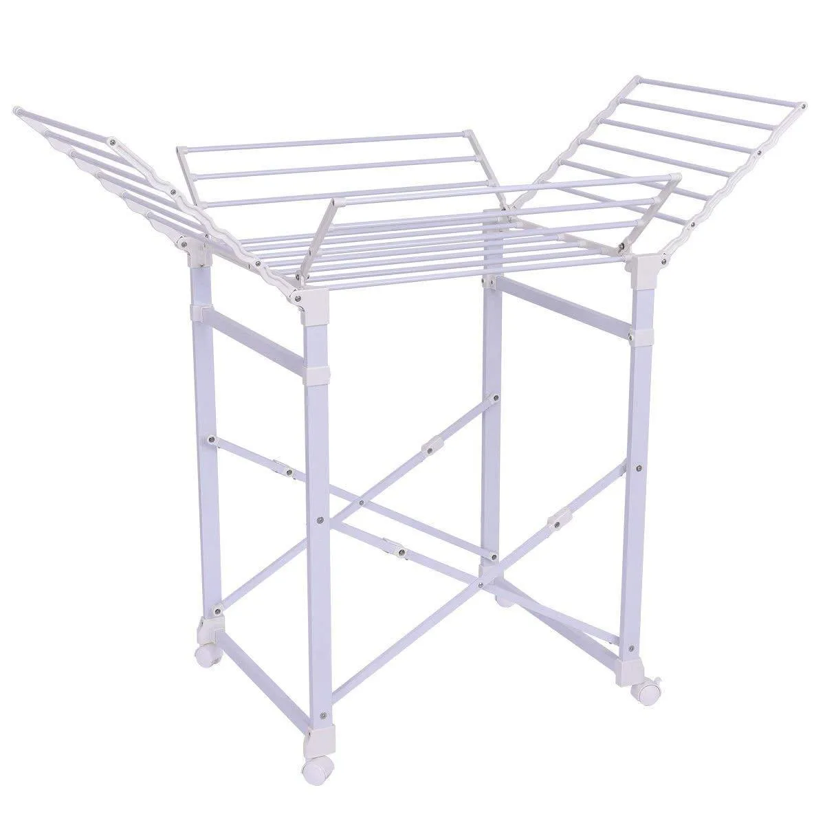 Tangkula Folding Drying Rack Laudry Shelf Heavy Duty Clothes Hanging Rack with Wheels (White 002)