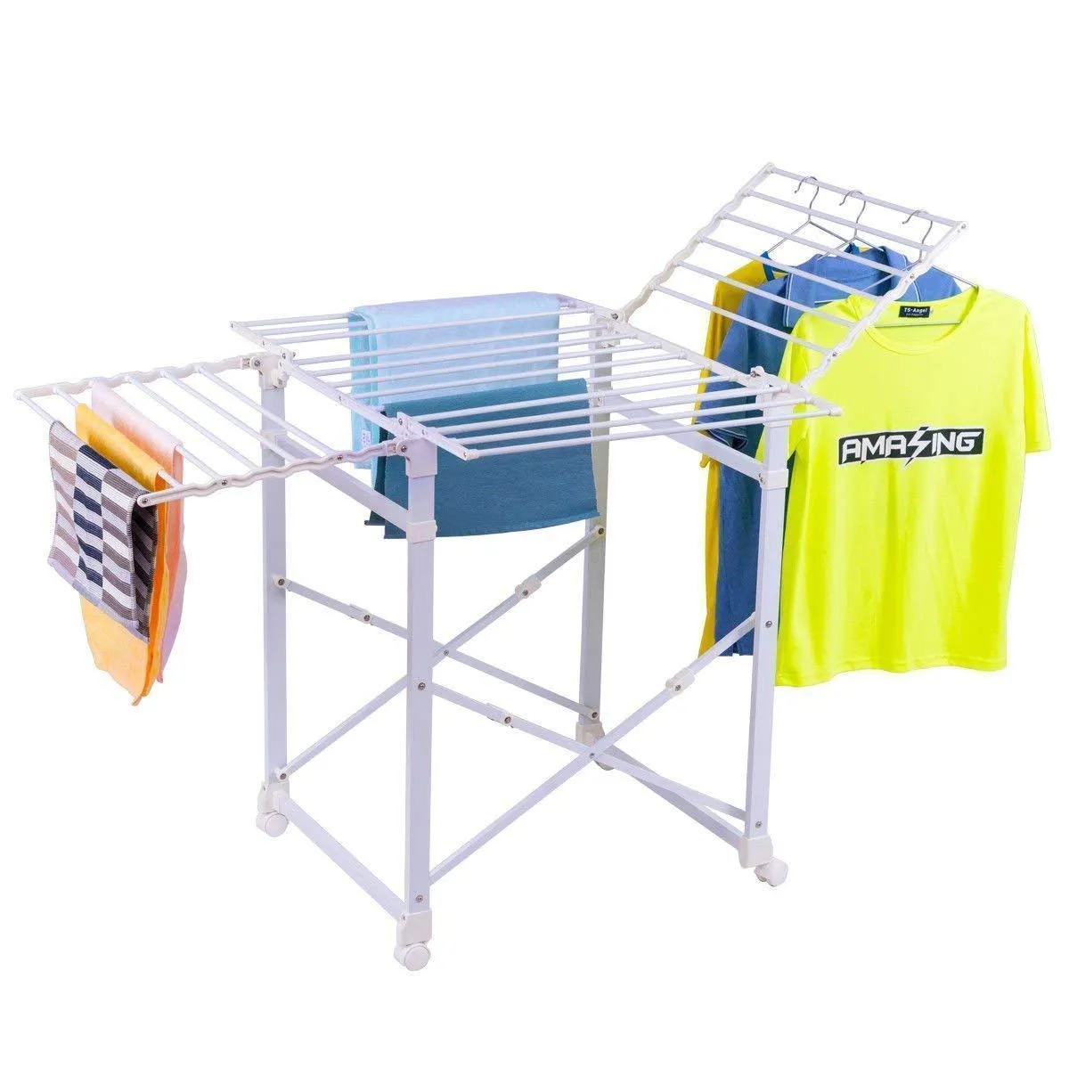 Tangkula Folding Drying Rack Laudry Shelf Heavy Duty Clothes Hanging Rack with Wheels (White 002)