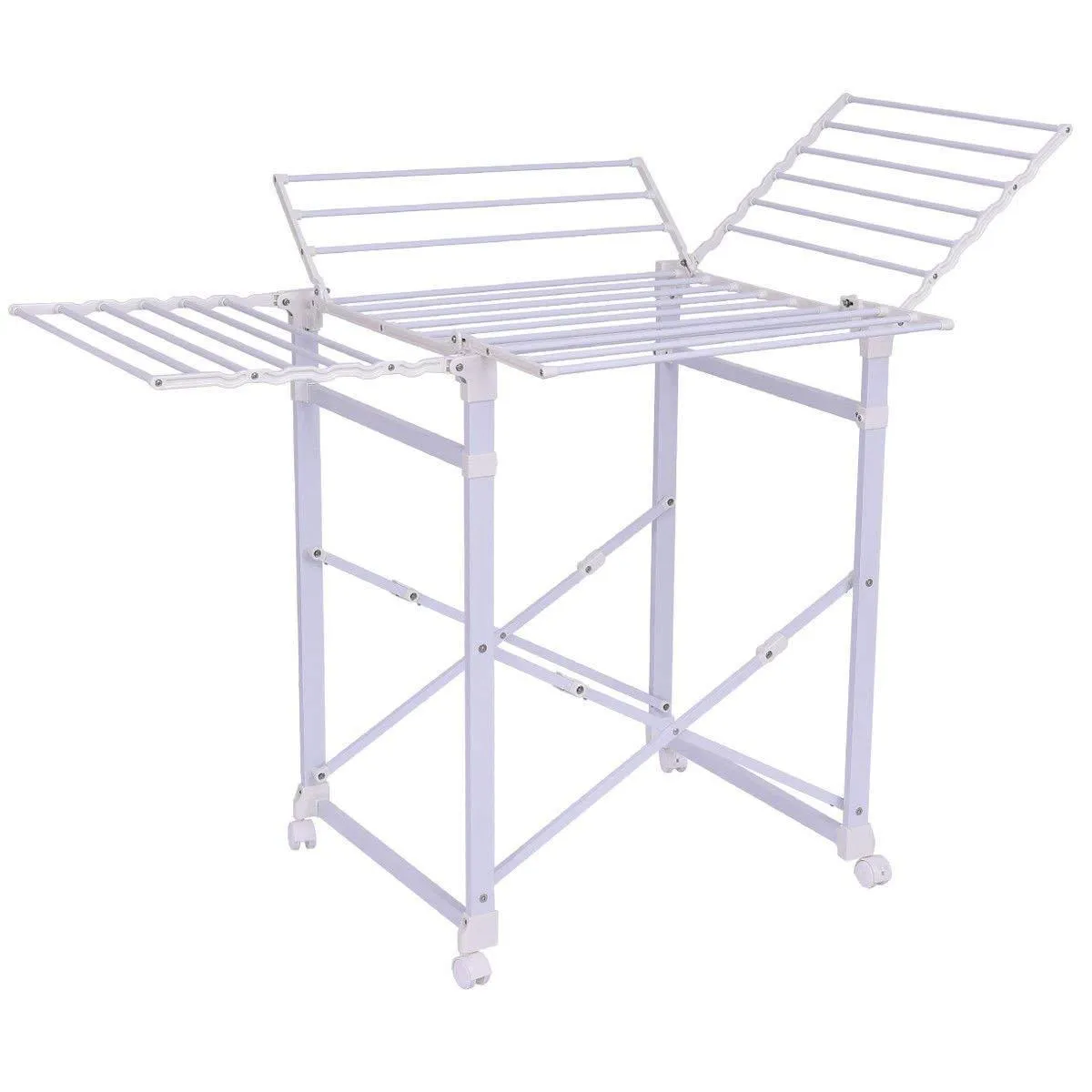 Tangkula Folding Drying Rack Laudry Shelf Heavy Duty Clothes Hanging Rack with Wheels (White 002)