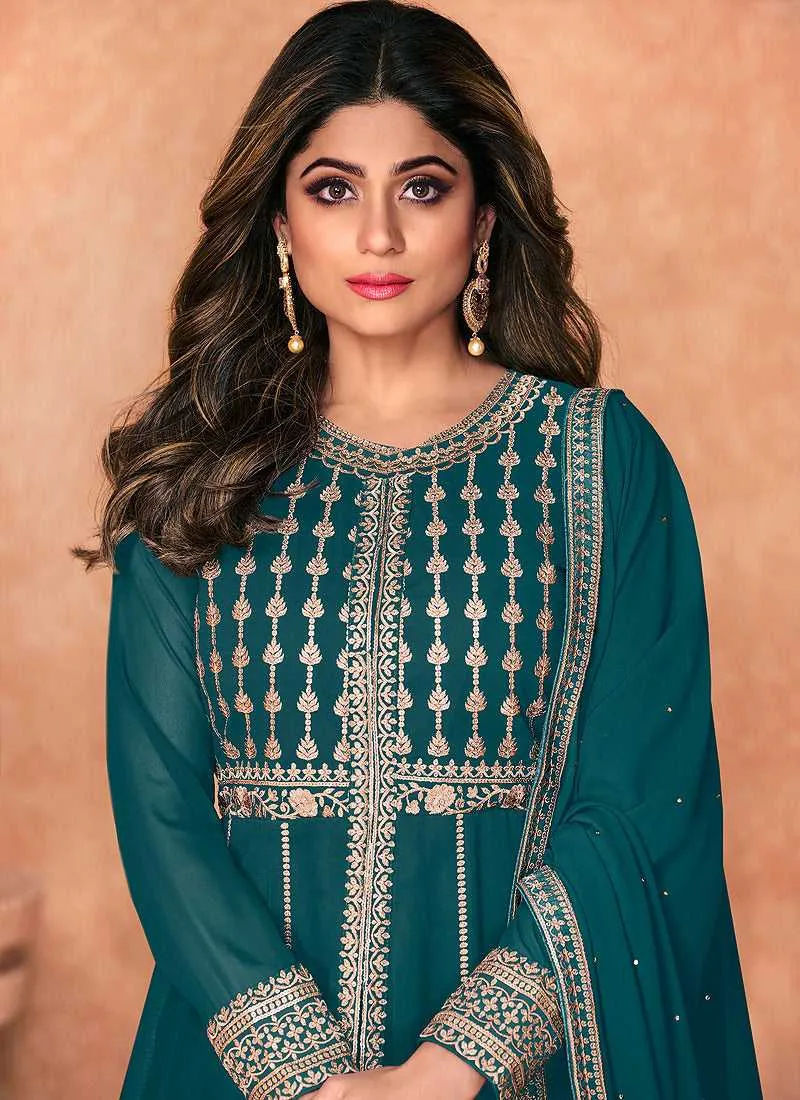 Teal Heavy Embroidered Slit Style Anarkali Lehenga