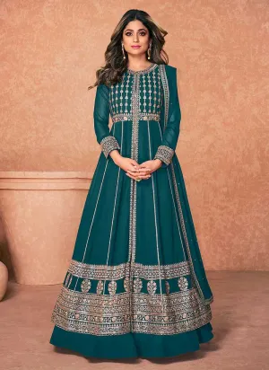 Teal Heavy Embroidered Slit Style Anarkali Lehenga