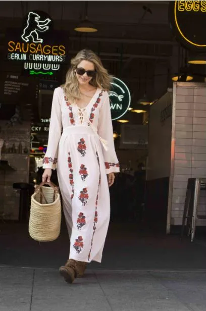 Thea Embroidered Maxi Dress Natural/Brown