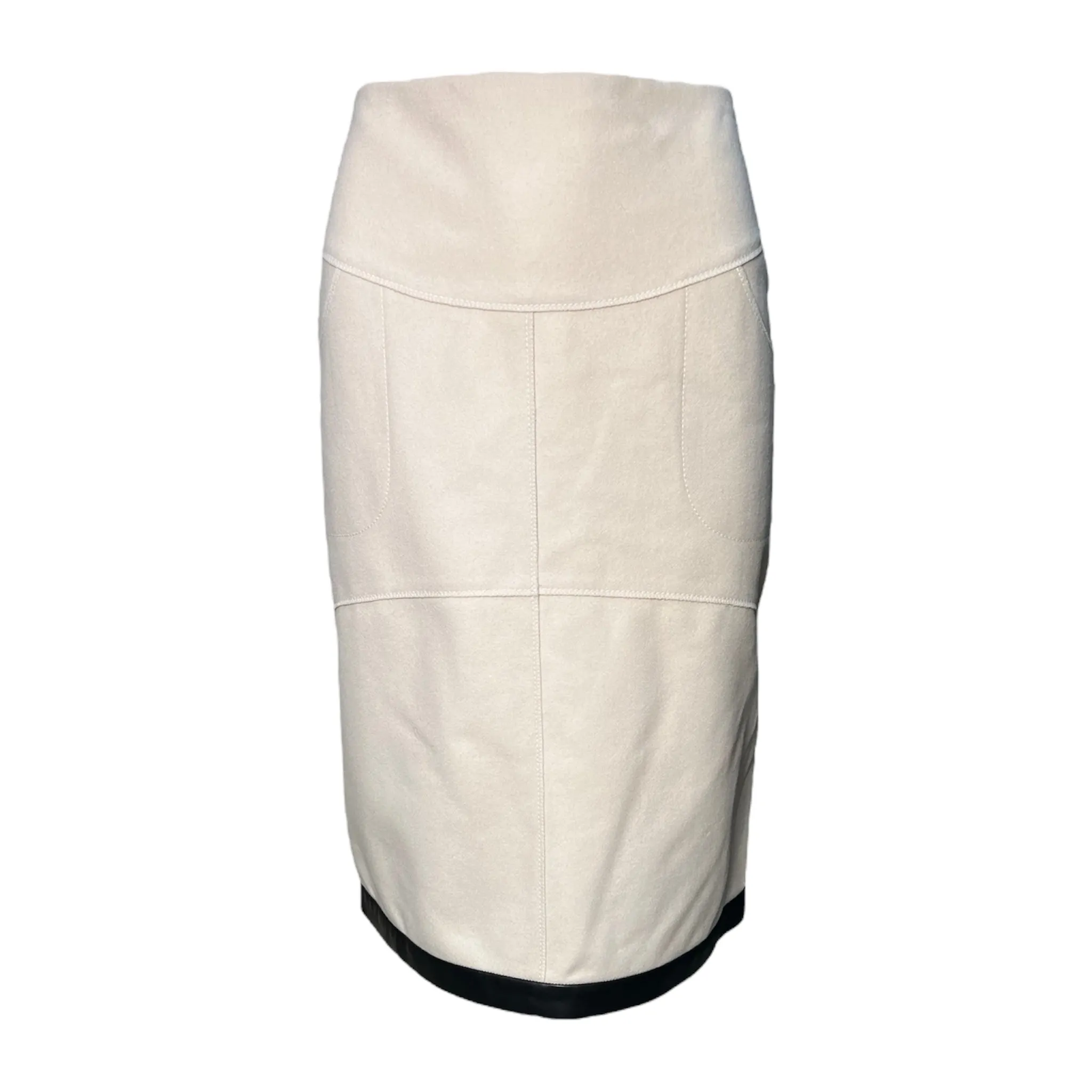 Tom Ford 2000's Cream Fleece Wool Skirt w/Black Lambskin Leather Trim, NWT