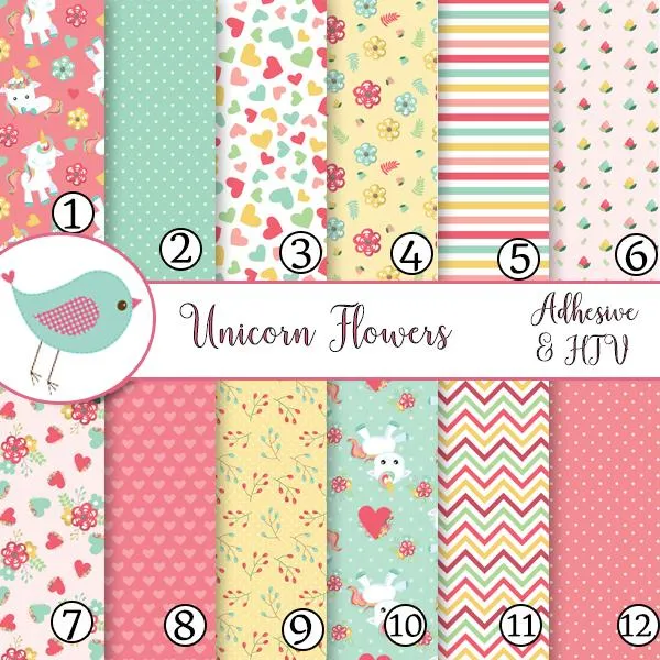 Unicorn Flowers Pink Pastel Vinyl Sheets School Print Adhesive Vinyl Heat Transfer Craft Vinyl Pattern Vinyl