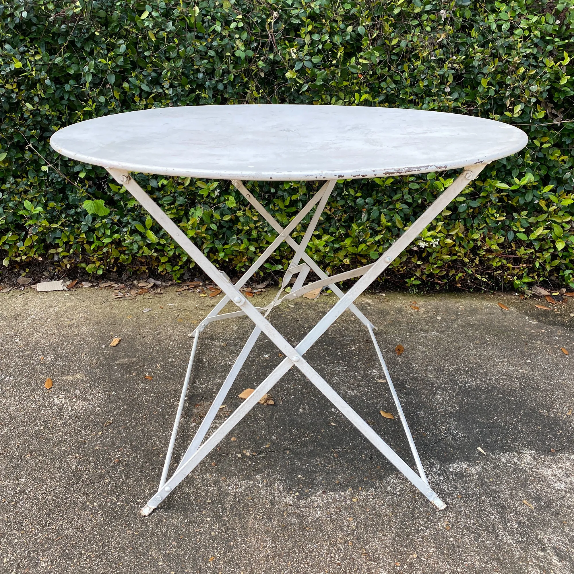 Vintage 1930s French Painted Round Metal Folding Table in Antiqued White