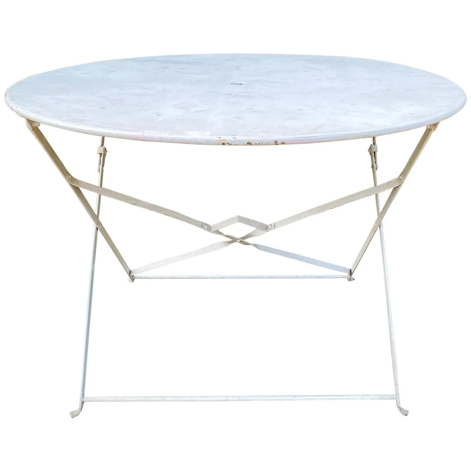 Vintage 1930s French Painted Round Metal Folding Table in Antiqued White