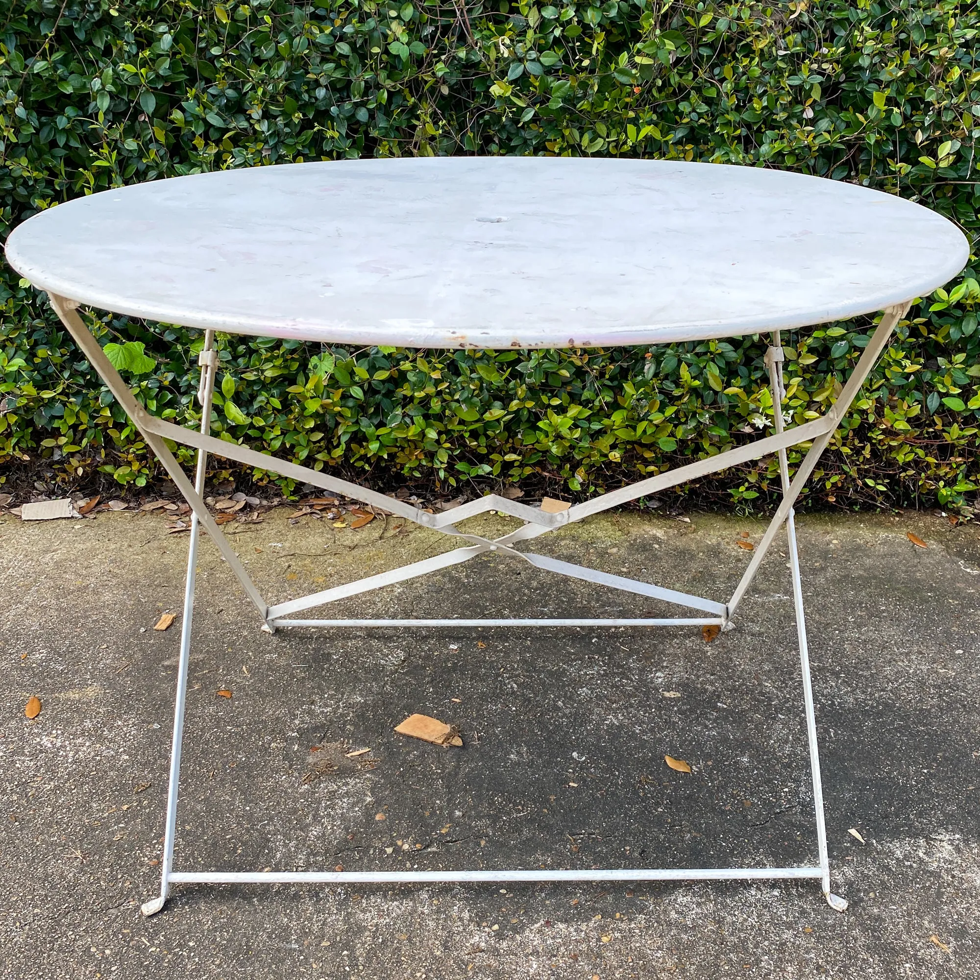 Vintage 1930s French Painted Round Metal Folding Table in Antiqued White