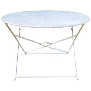 Vintage 1930s French Painted Round Metal Folding Table in Antiqued White