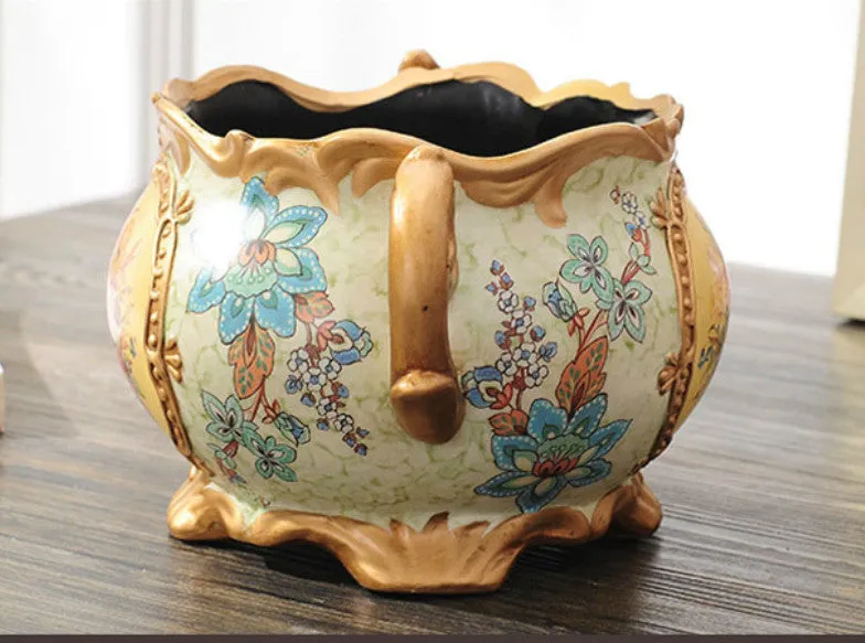 Vintage Collection - Gold Rimmed Wide Mouth Ceramic Vase with Handles
