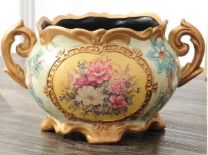 Vintage Collection - Gold Rimmed Wide Mouth Ceramic Vase with Handles