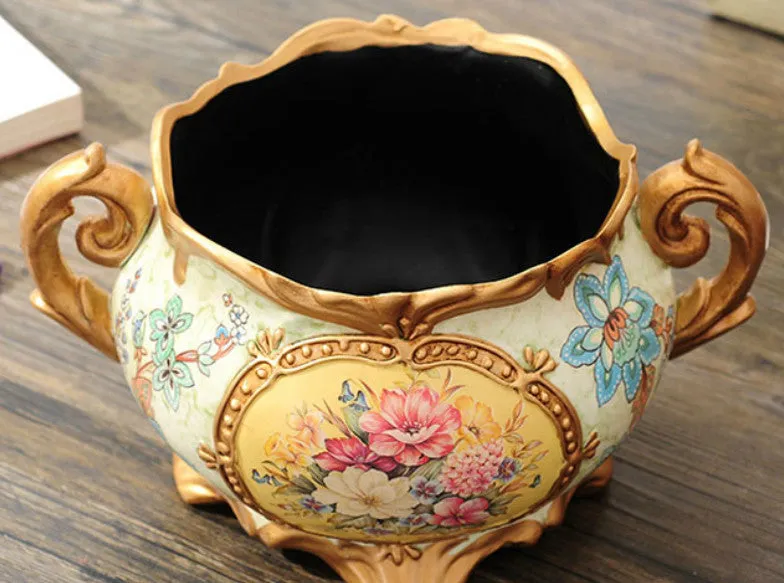 Vintage Collection - Gold Rimmed Wide Mouth Ceramic Vase with Handles
