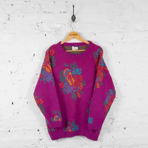 Vintage Floral Patterned Knit Jumper - Pink - M