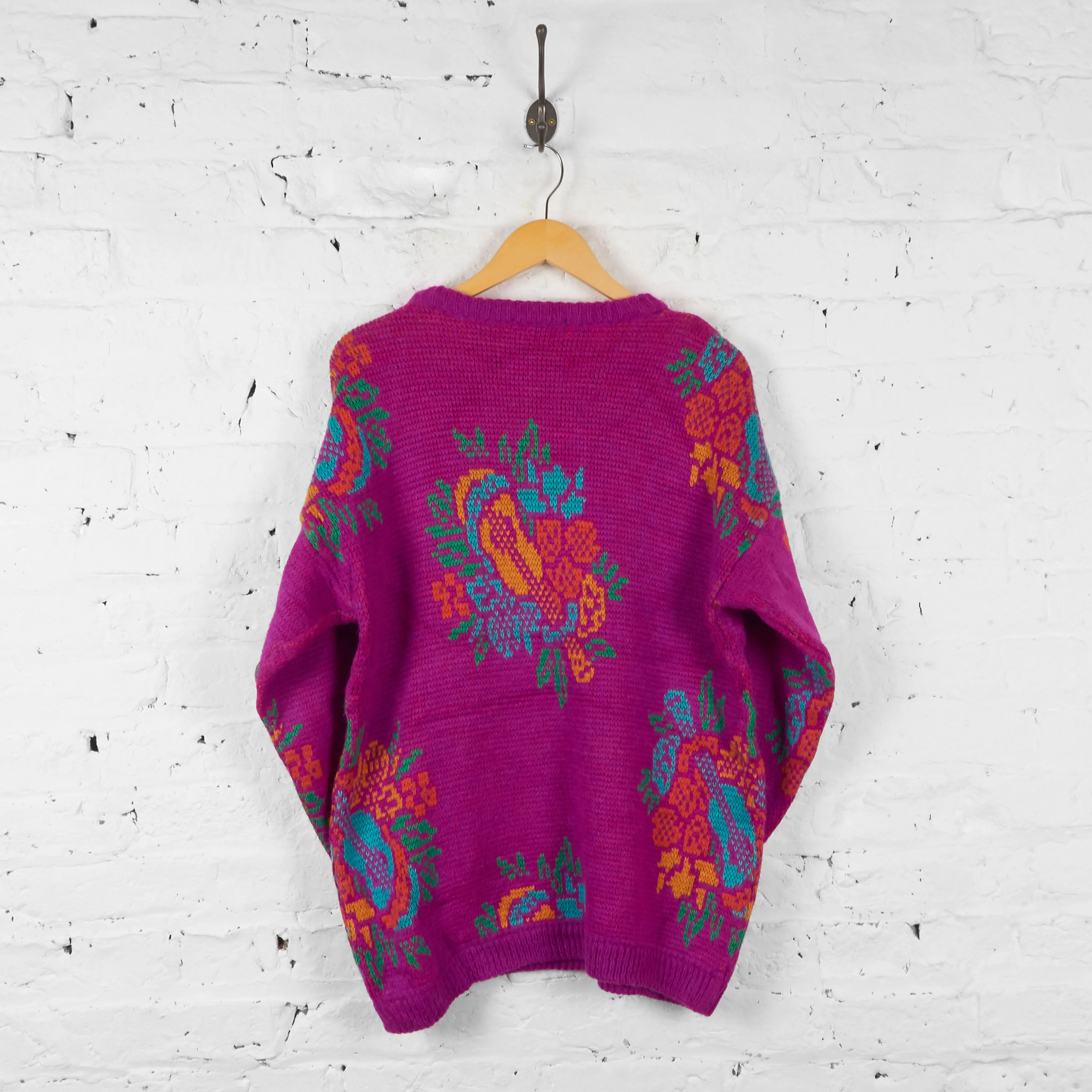 Vintage Floral Patterned Knit Jumper - Pink - M