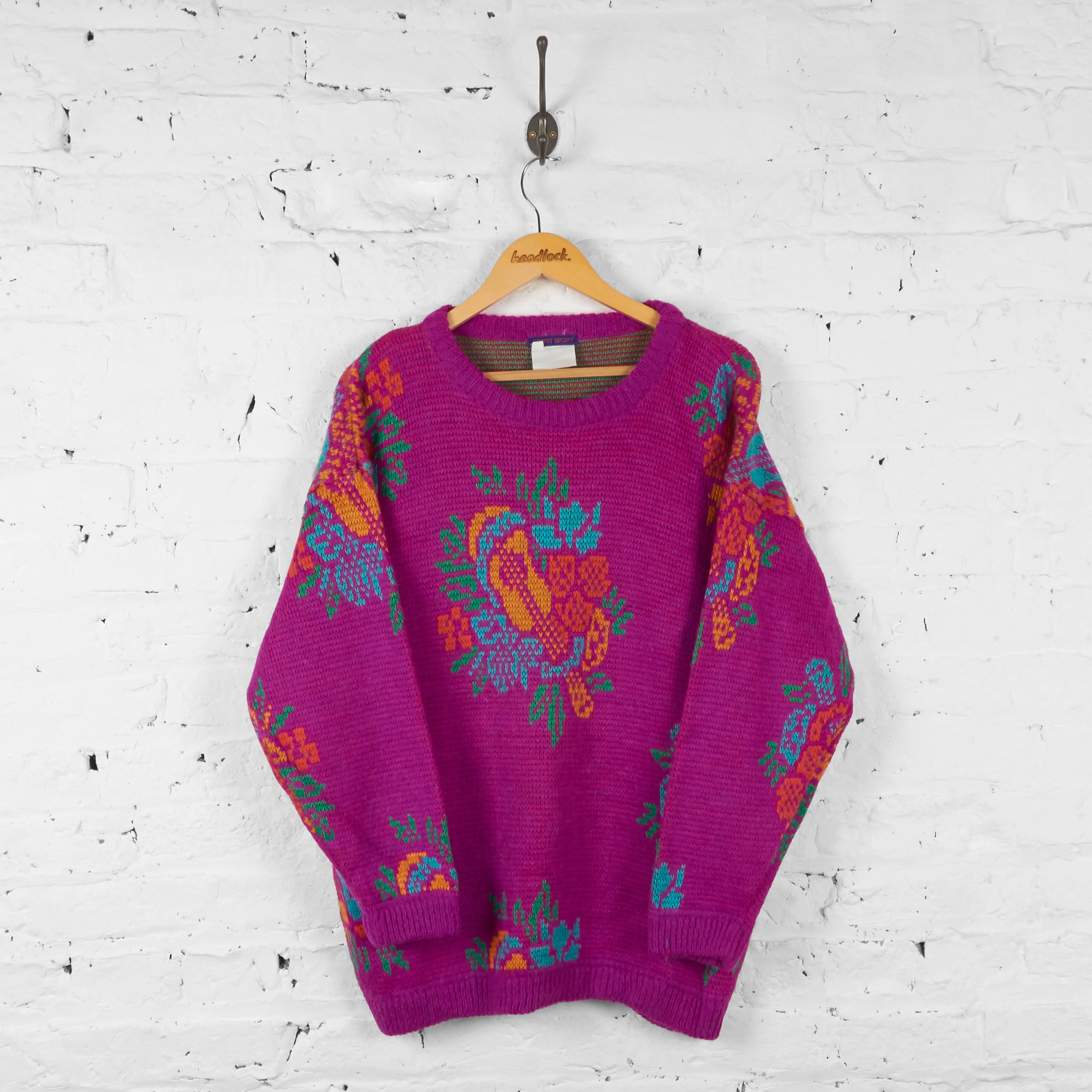 Vintage Floral Patterned Knit Jumper - Pink - M