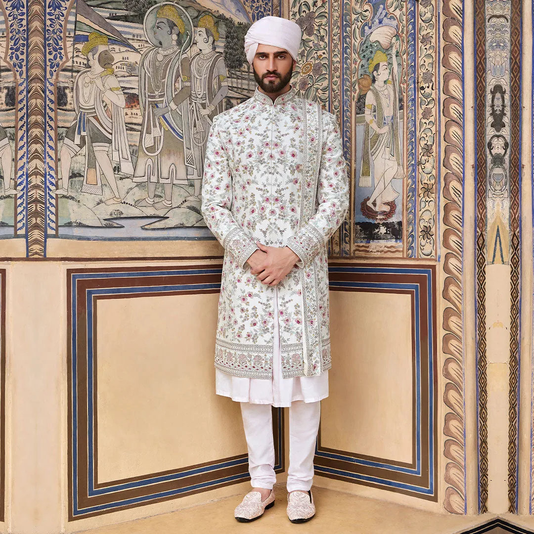 White Sherwani with Grey and Red Floral Work