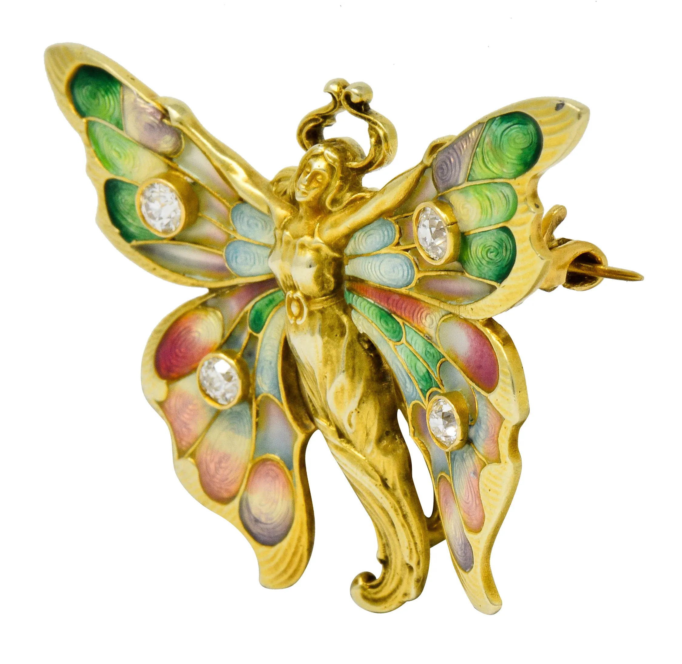 Whiteside & Blank Art Nouveau Diamond Enamel 14 Karat Gold Butterfly Nymph Brooch